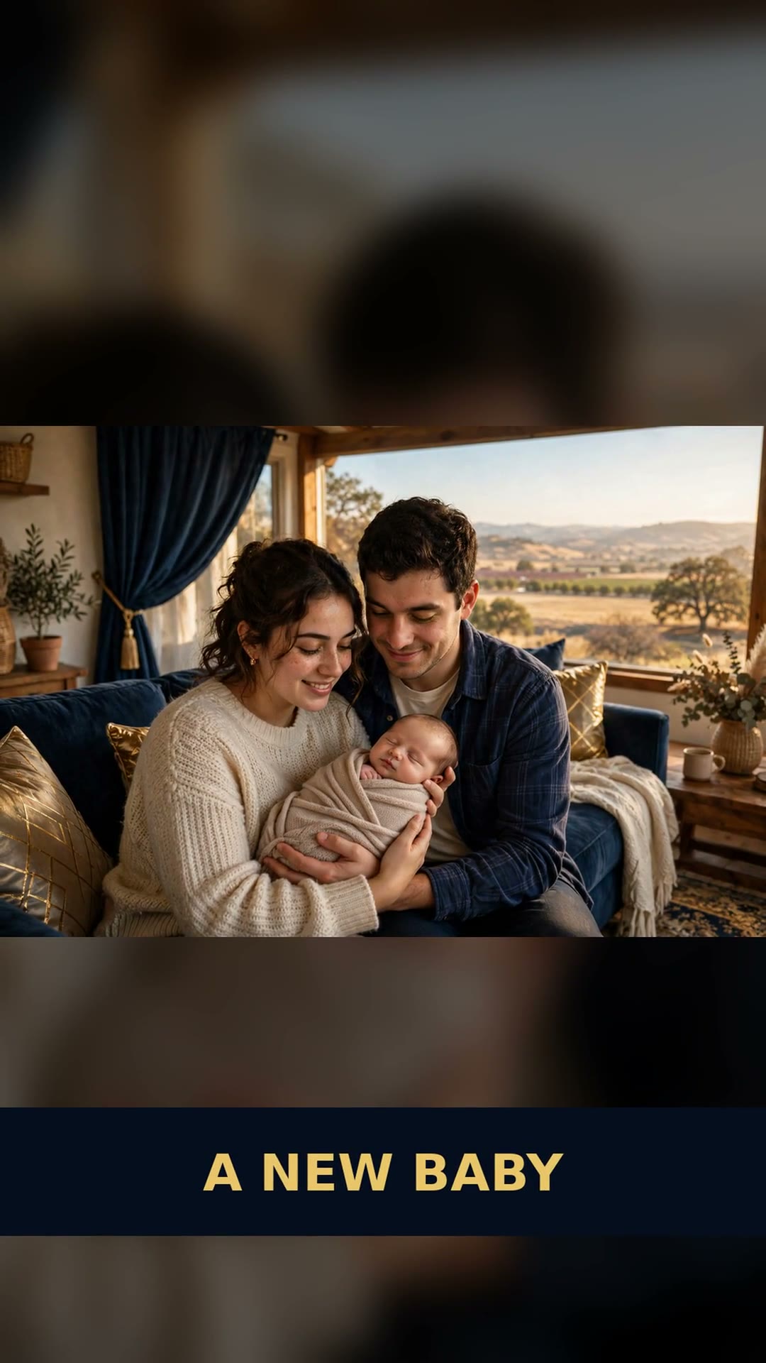 A young couple at home holding their newborn baby